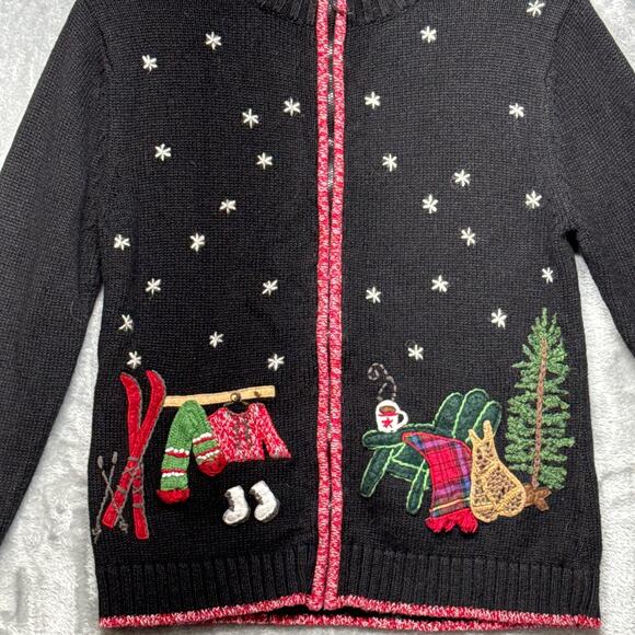 Coldwater Creek Vintage Black Zip Up Christmas Holiday Cardigan Sweater Women SS - Picture 2 of 7